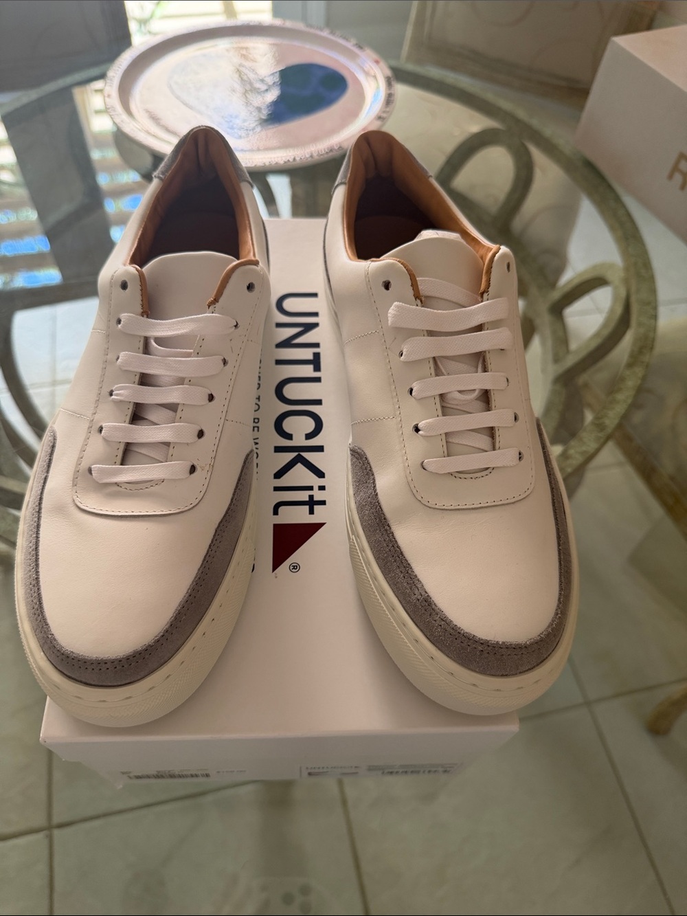 UNTUCKit Men's White Leather Sneakers with Gray Suede Trim